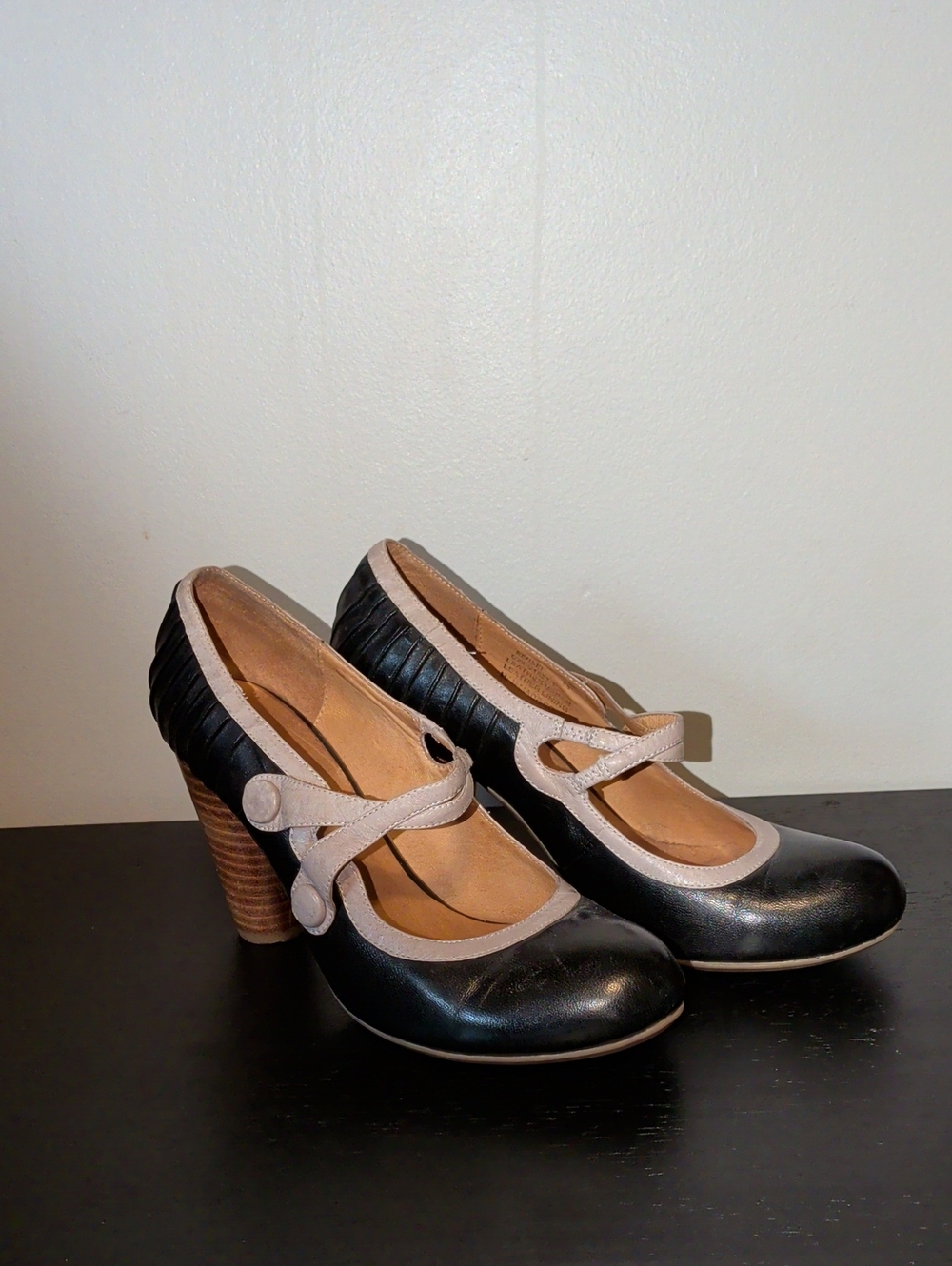 Miz Mooz Black Mary Jane Heels with Cream Trim
